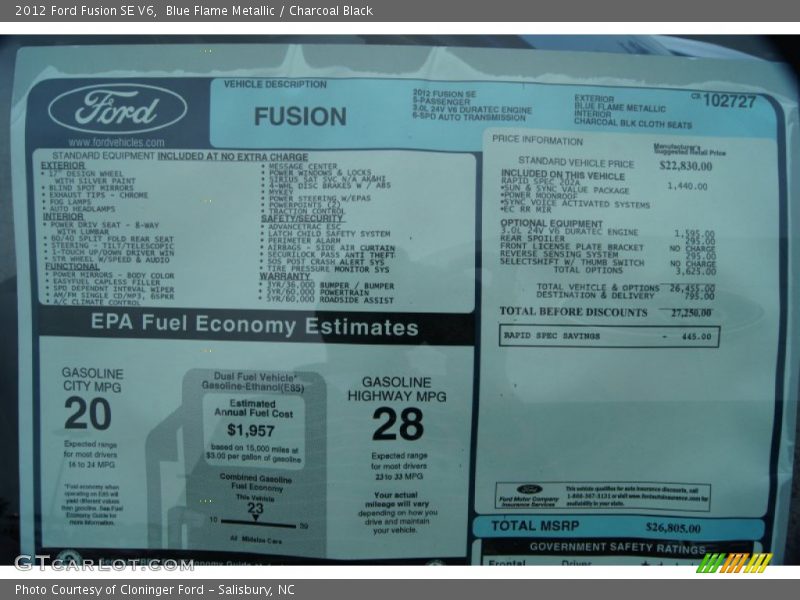  2012 Fusion SE V6 Window Sticker