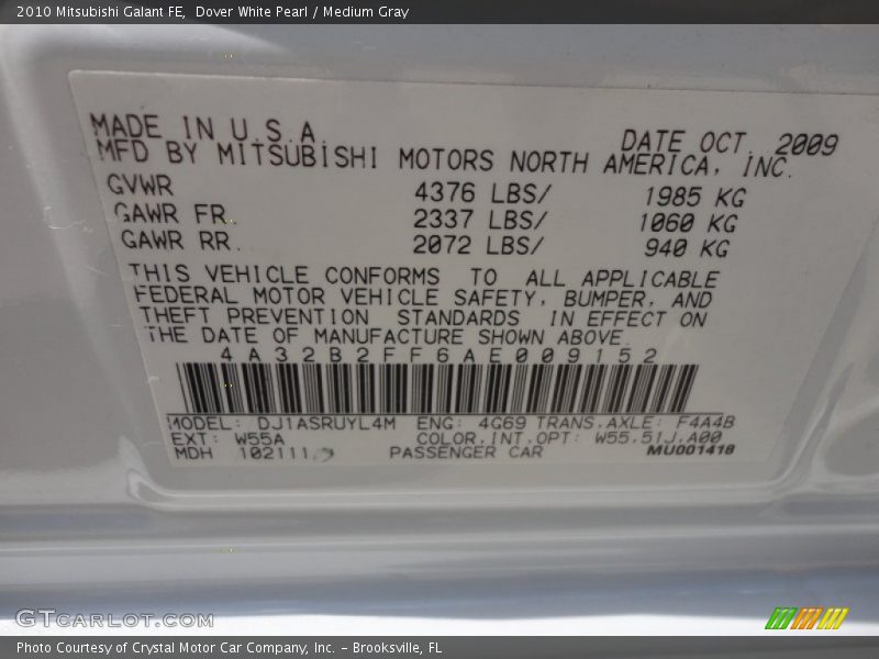 Dover White Pearl / Medium Gray 2010 Mitsubishi Galant FE
