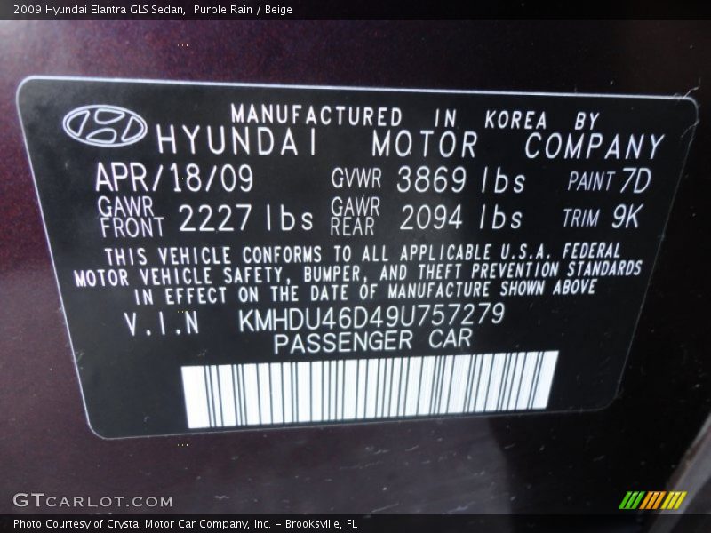 Purple Rain / Beige 2009 Hyundai Elantra GLS Sedan