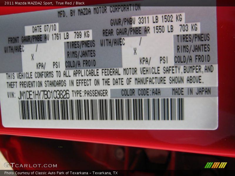 2011 MAZDA2 Sport True Red Color Code A4A