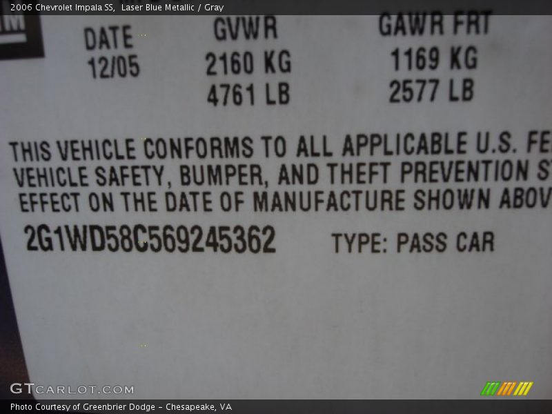 Laser Blue Metallic / Gray 2006 Chevrolet Impala SS