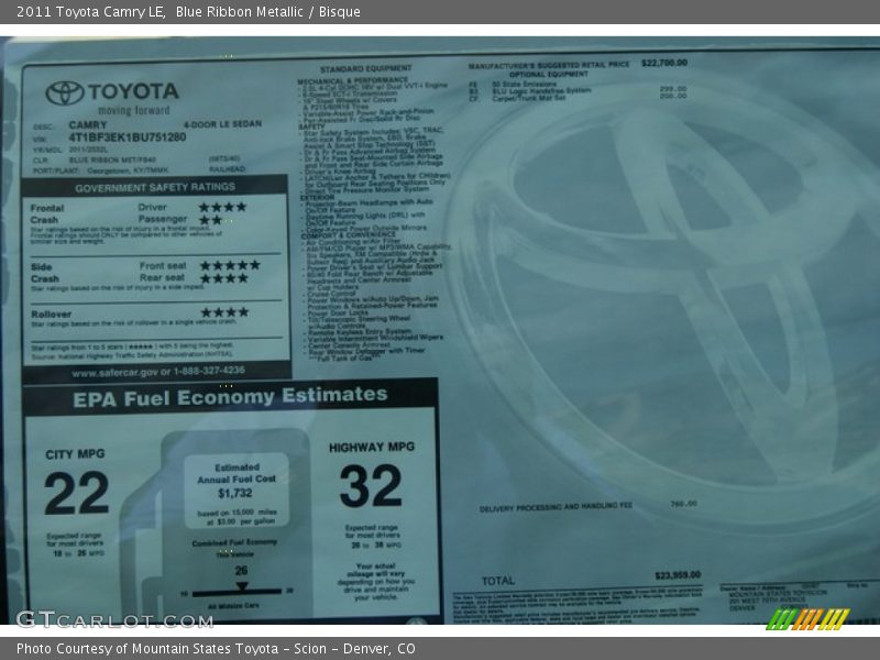 Blue Ribbon Metallic / Bisque 2011 Toyota Camry LE