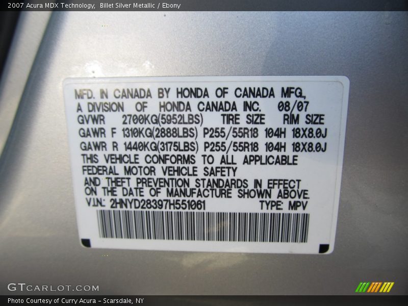 Billet Silver Metallic / Ebony 2007 Acura MDX Technology