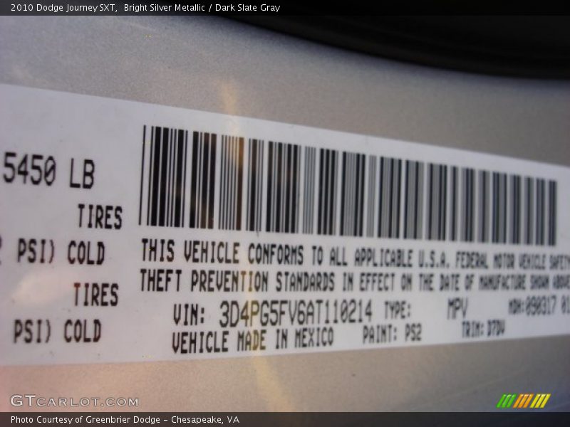 Bright Silver Metallic / Dark Slate Gray 2010 Dodge Journey SXT