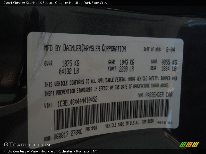 Graphite Metallic / Dark Slate Gray 2004 Chrysler Sebring LX Sedan