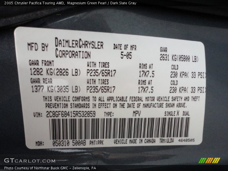Magnesium Green Pearl / Dark Slate Gray 2005 Chrysler Pacifica Touring AWD