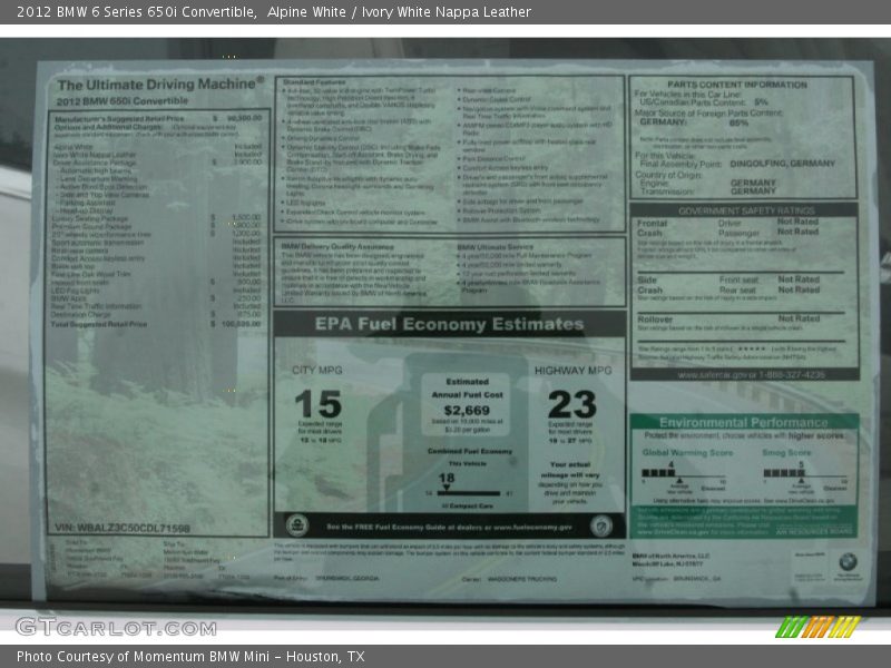  2012 6 Series 650i Convertible Window Sticker