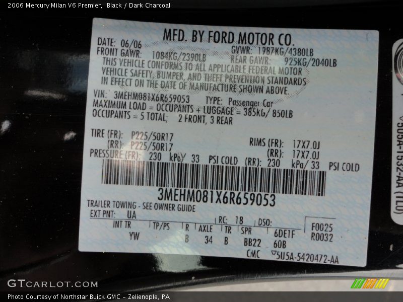 Black / Dark Charcoal 2006 Mercury Milan V6 Premier