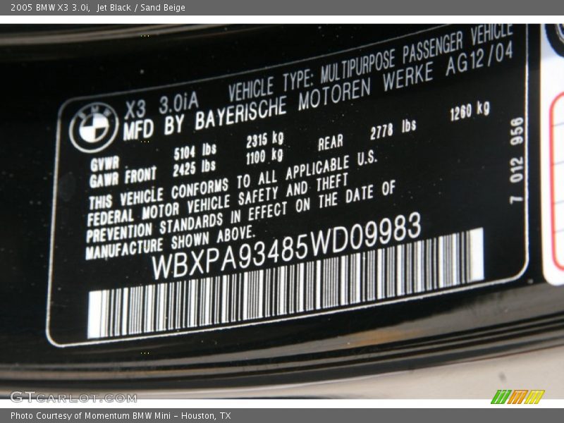 Jet Black / Sand Beige 2005 BMW X3 3.0i