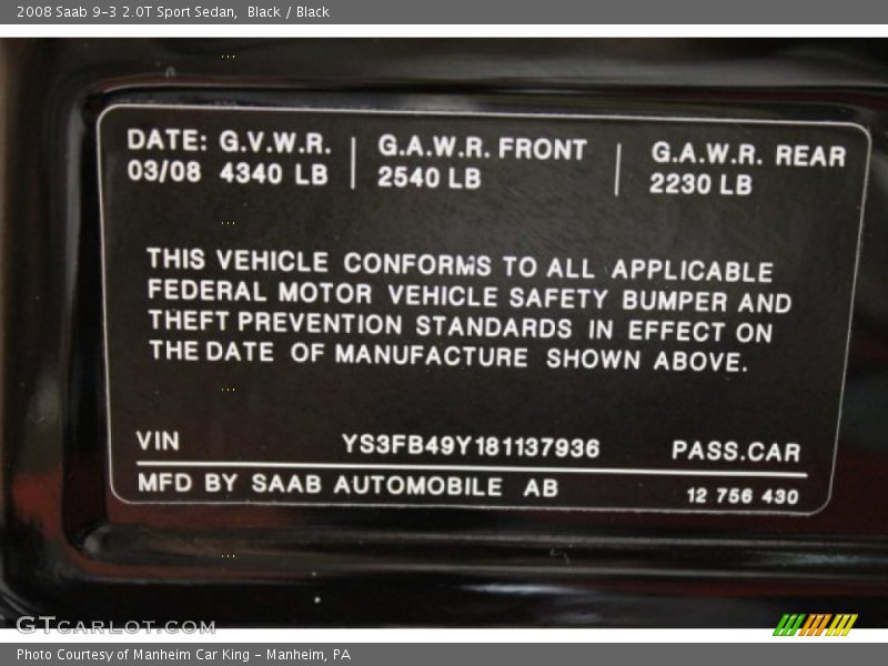 Black / Black 2008 Saab 9-3 2.0T Sport Sedan