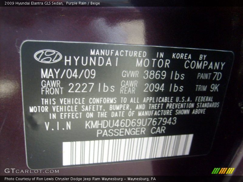 Purple Rain / Beige 2009 Hyundai Elantra GLS Sedan