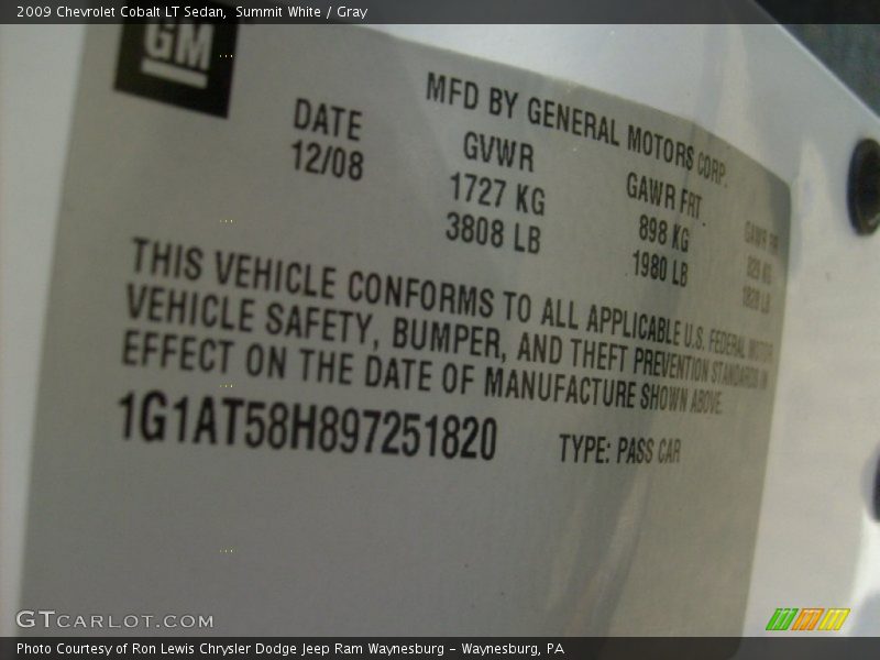 Summit White / Gray 2009 Chevrolet Cobalt LT Sedan