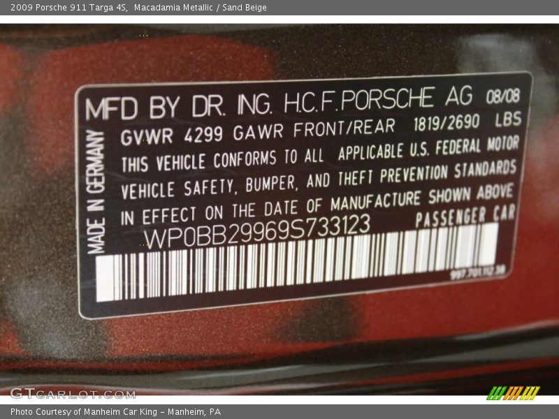 Info Tag of 2009 911 Targa 4S