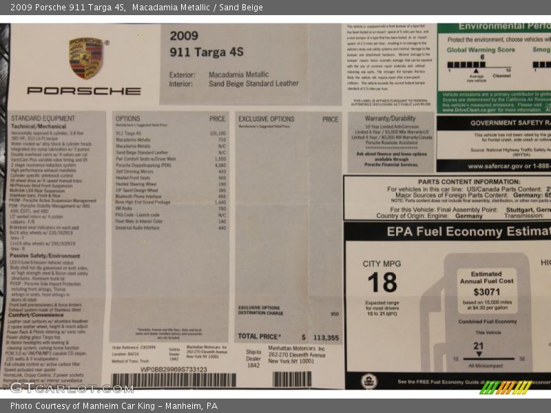  2009 911 Targa 4S Window Sticker