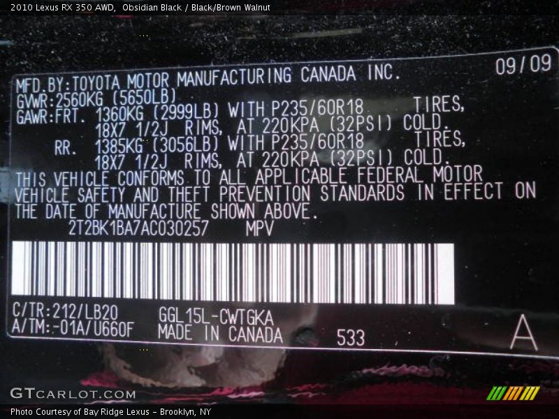 Obsidian Black / Black/Brown Walnut 2010 Lexus RX 350 AWD