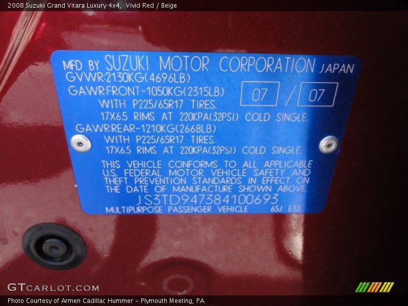 Info Tag of 2008 Grand Vitara Luxury 4x4