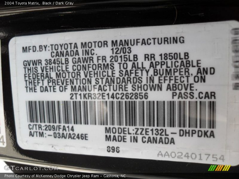 Black / Dark Gray 2004 Toyota Matrix