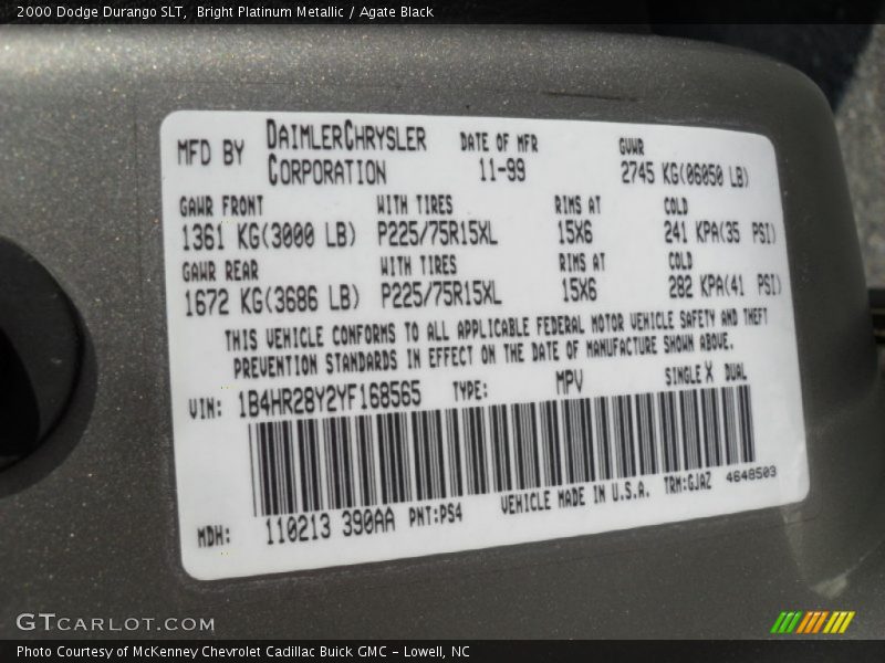 Bright Platinum Metallic / Agate Black 2000 Dodge Durango SLT