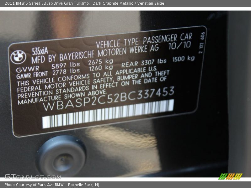 Info Tag of 2011 5 Series 535i xDrive Gran Turismo