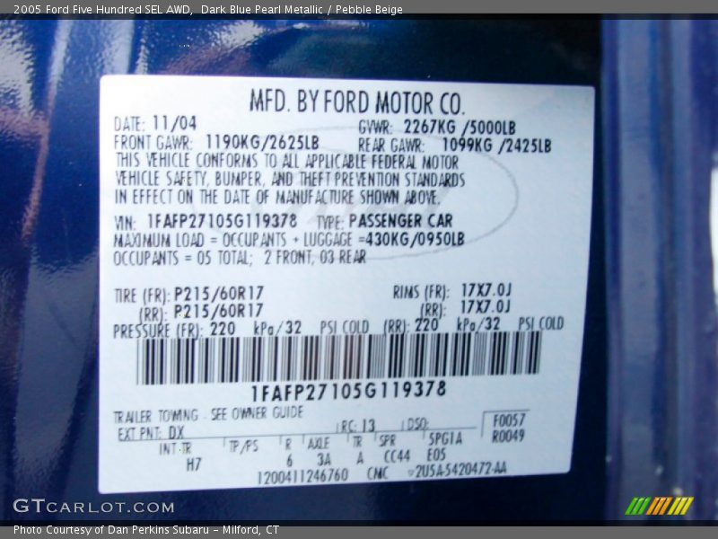 2005 Five Hundred SEL AWD Dark Blue Pearl Metallic Color Code DX
