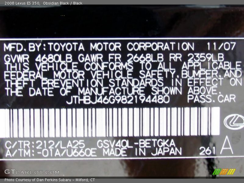 Obsidian Black / Black 2008 Lexus ES 350