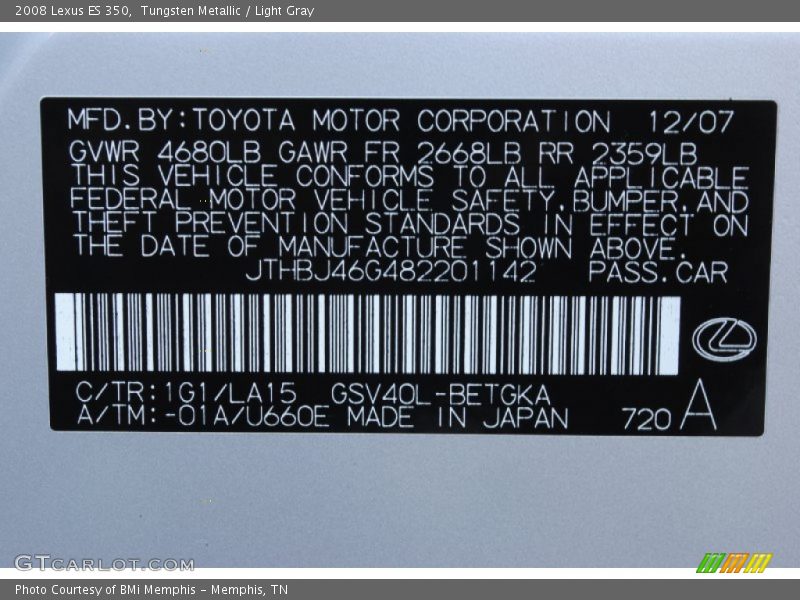 Tungsten Metallic / Light Gray 2008 Lexus ES 350