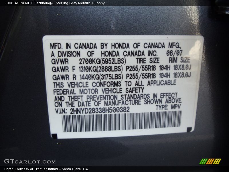 Sterling Gray Metallic / Ebony 2008 Acura MDX Technology