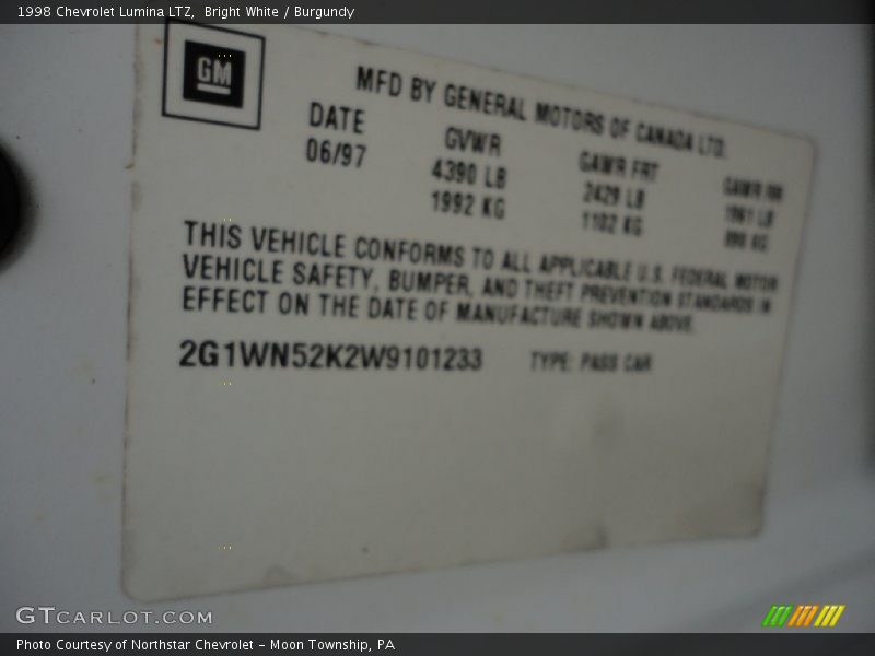 Bright White / Burgundy 1998 Chevrolet Lumina LTZ