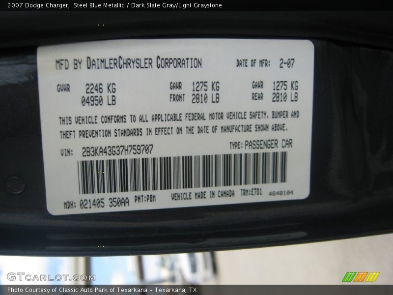 Steel Blue Metallic / Dark Slate Gray/Light Graystone 2007 Dodge Charger