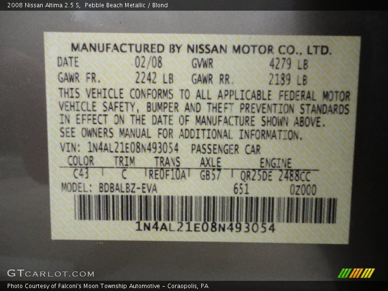 Pebble Beach Metallic / Blond 2008 Nissan Altima 2.5 S