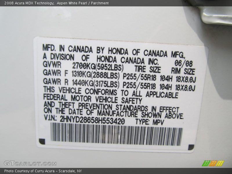 Aspen White Pearl / Parchment 2008 Acura MDX Technology
