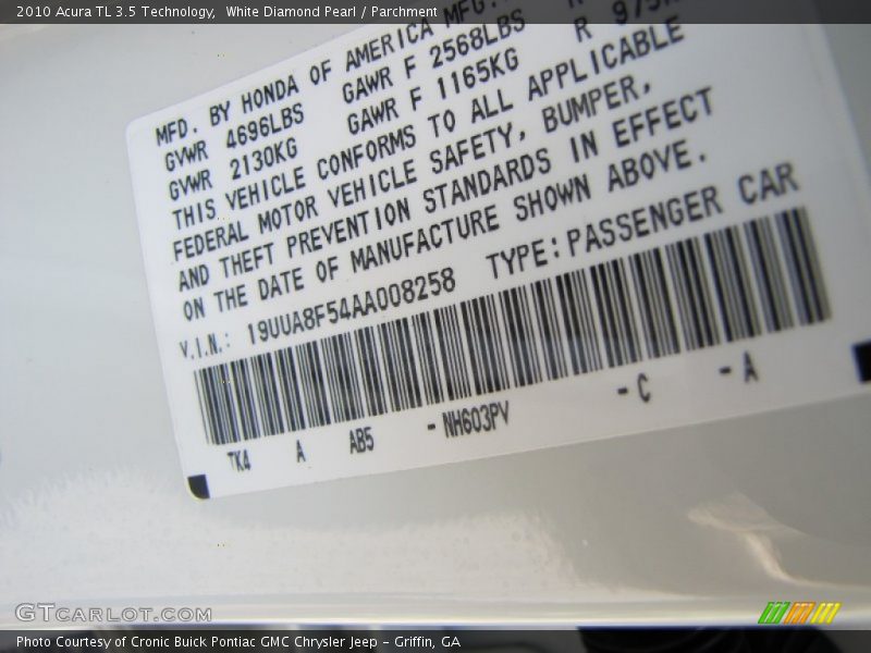 White Diamond Pearl / Parchment 2010 Acura TL 3.5 Technology