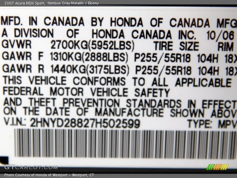 Nimbus Gray Metallic / Ebony 2007 Acura MDX Sport