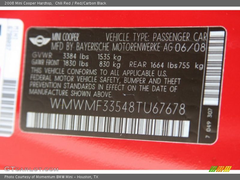 Chili Red / Red/Carbon Black 2008 Mini Cooper Hardtop