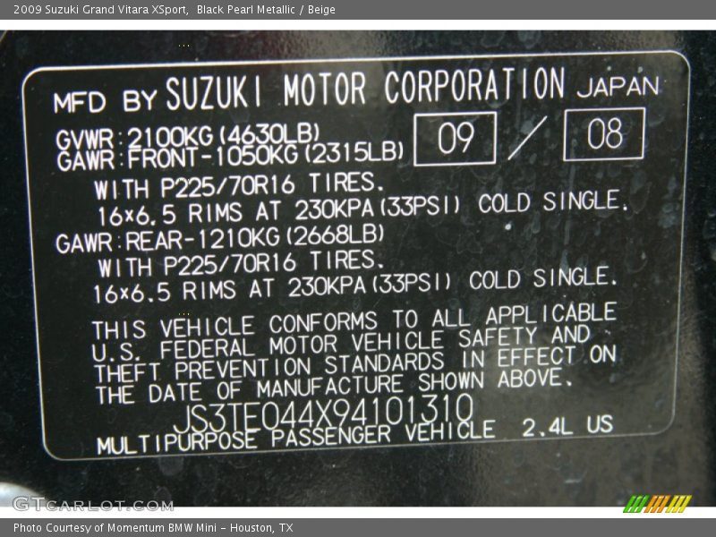 Info Tag of 2009 Grand Vitara XSport