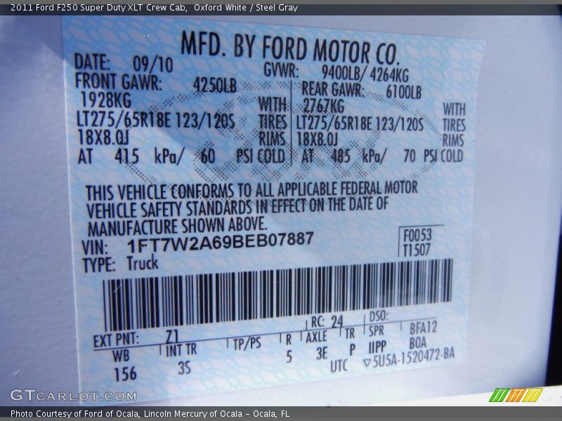 2011 F250 Super Duty XLT Crew Cab Oxford White Color Code Z1