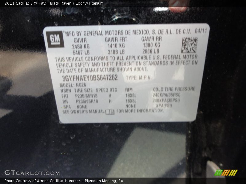 Black Raven / Ebony/Titanium 2011 Cadillac SRX FWD