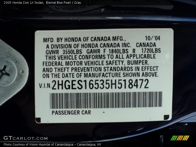 Eternal Blue Pearl / Gray 2005 Honda Civic LX Sedan