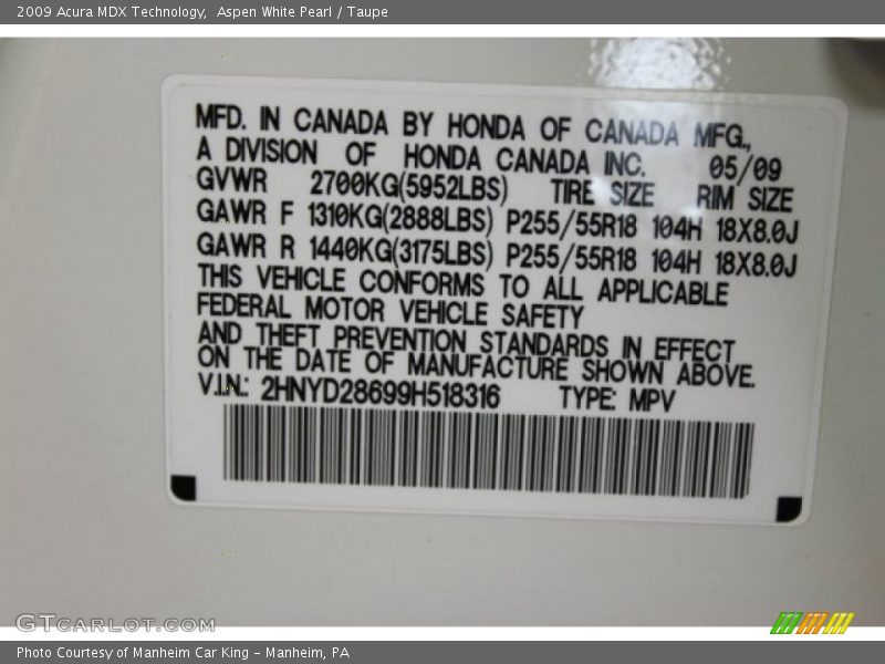 Aspen White Pearl / Taupe 2009 Acura MDX Technology