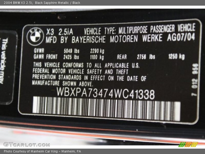 Black Sapphire Metallic / Black 2004 BMW X3 2.5i