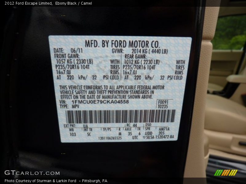 2012 Escape Limited Ebony Black Color Code UA