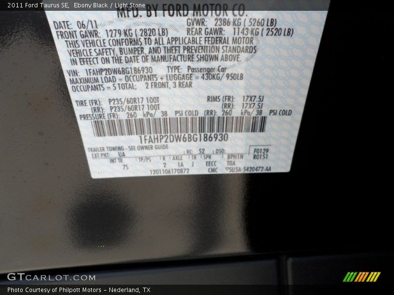 2011 Taurus SE Ebony Black Color Code UA