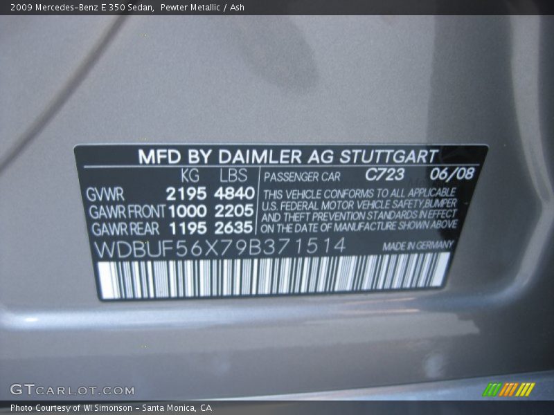 Pewter Metallic / Ash 2009 Mercedes-Benz E 350 Sedan