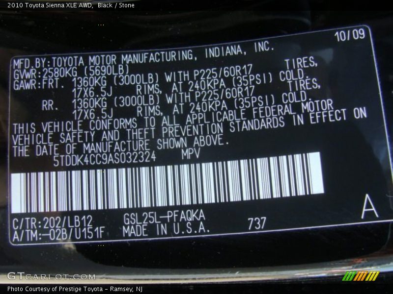 Black / Stone 2010 Toyota Sienna XLE AWD