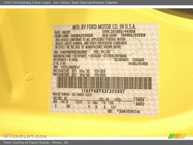 2003 Mustang Cobra Coupe Zinc Yellow Color Code B7