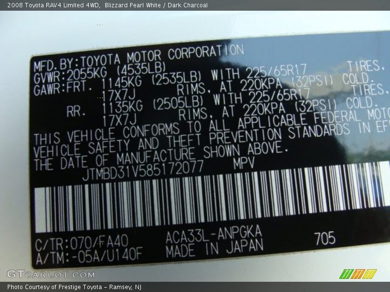 Blizzard Pearl White / Dark Charcoal 2008 Toyota RAV4 Limited 4WD