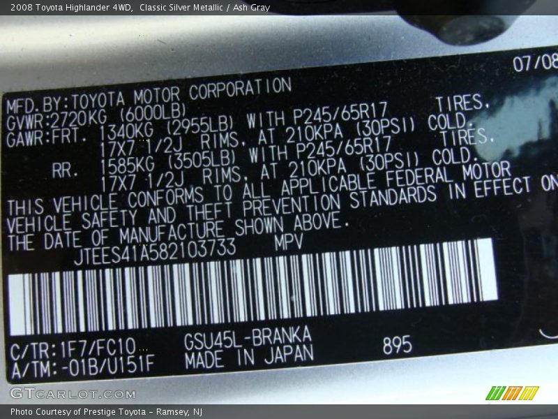 Classic Silver Metallic / Ash Gray 2008 Toyota Highlander 4WD