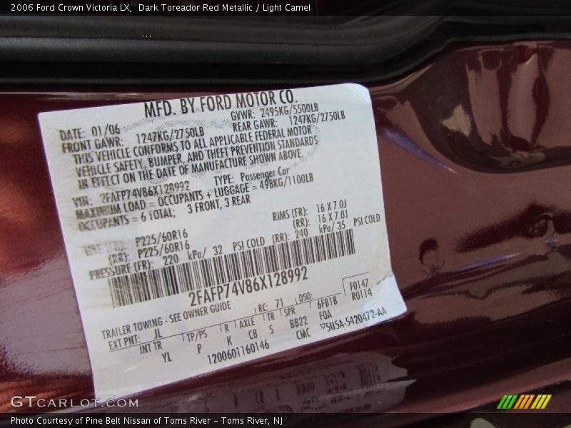 2006 Crown Victoria LX Dark Toreador Red Metallic Color Code JL