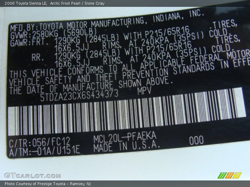 Arctic Frost Pearl / Stone Gray 2006 Toyota Sienna LE