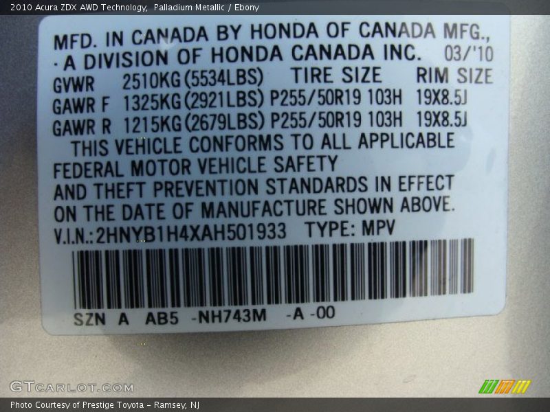 2010 ZDX AWD Technology Palladium Metallic Color Code NH743M